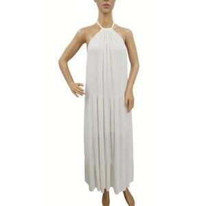 Francescas White Maxi Dress Sz M Tier Halter Open Back Lined Charlotte Avery NEW